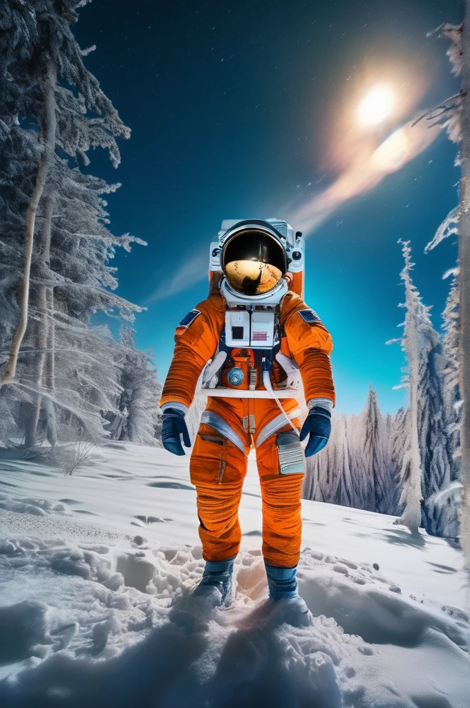 RAW Photos, delicate, highest quality,Hyper Detail, In detail,  8k, 32k, masterpiece,(Ultra-high resolution:1.2),Simamun in a spacesuit,The mission to the moon is ready, In the snowy forest、Cloudy Trees々and crunchy, cold,Hide in burrows and tree holes,Rim Light