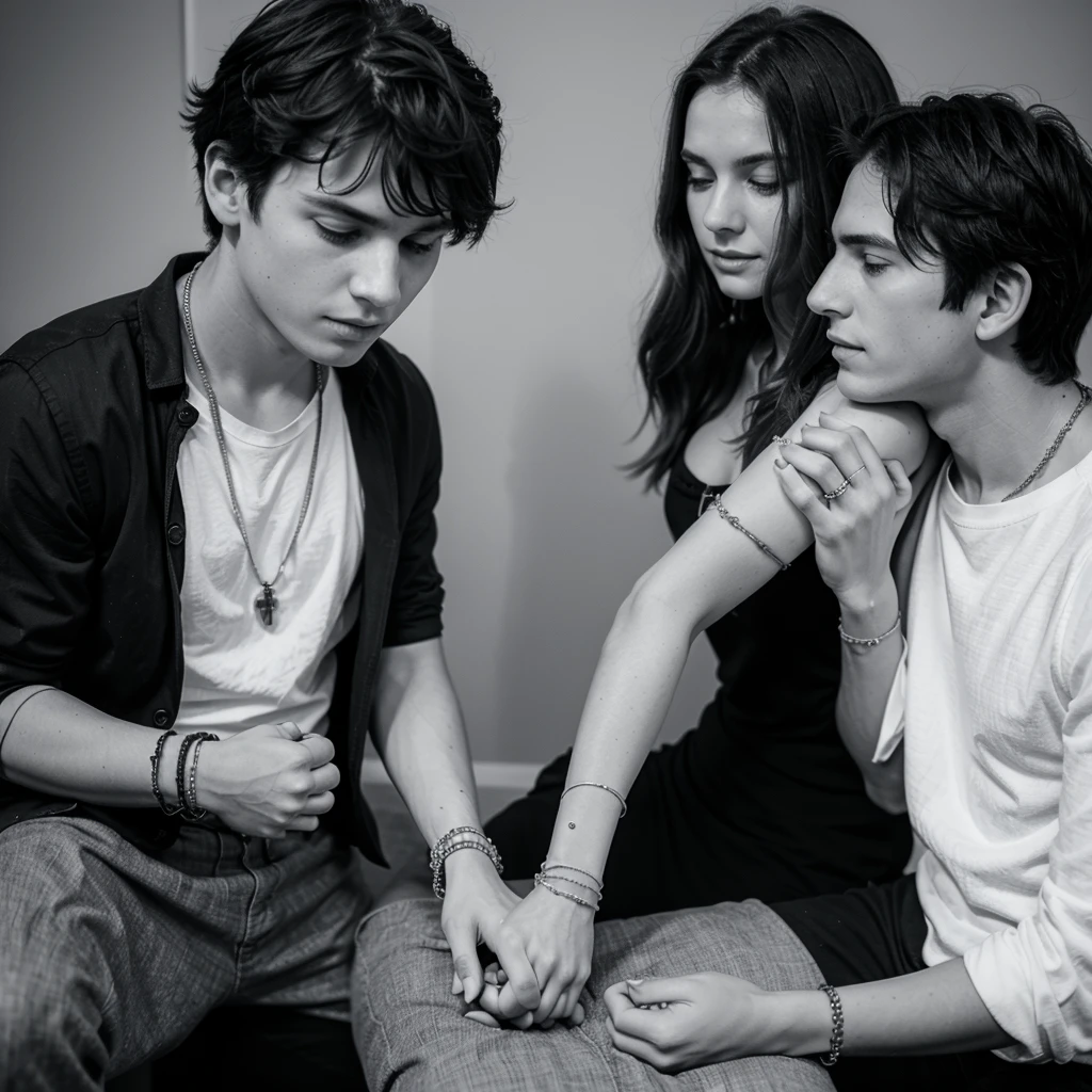  A woman holding hands with a boy, couple et la femme possède des anneaux en métal blanc et des bagues noirs et un bracelet noir.