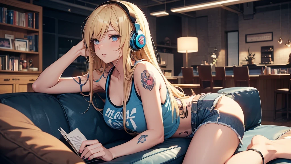 Create an image of a beautiful, sensual anime girl with long blonde hair, tattoos, and piercings. She is wearing a sexy tank top and blue jean short shorts, with headphones on, enjoying her music on the couch. The lounge is warm and dimly lit, with plush seating, books, and a coffee mug scattered around. Soft, ambient lighting and intimate atmosphere