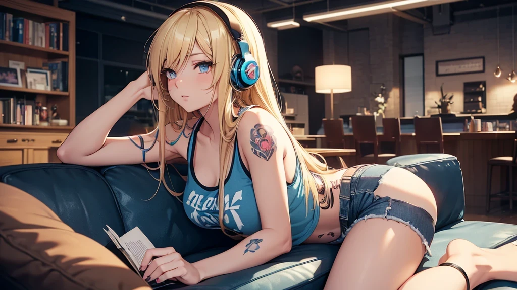 Create an image of a beautiful, sensual anime girl with long blonde hair, tattoos, and piercings. She is wearing a sexy tank top and blue jean short shorts, with headphones on, enjoying her music on the couch. The lounge is warm and dimly lit, with plush seating, books, and a coffee mug scattered around. Soft, ambient lighting and intimate atmosphere