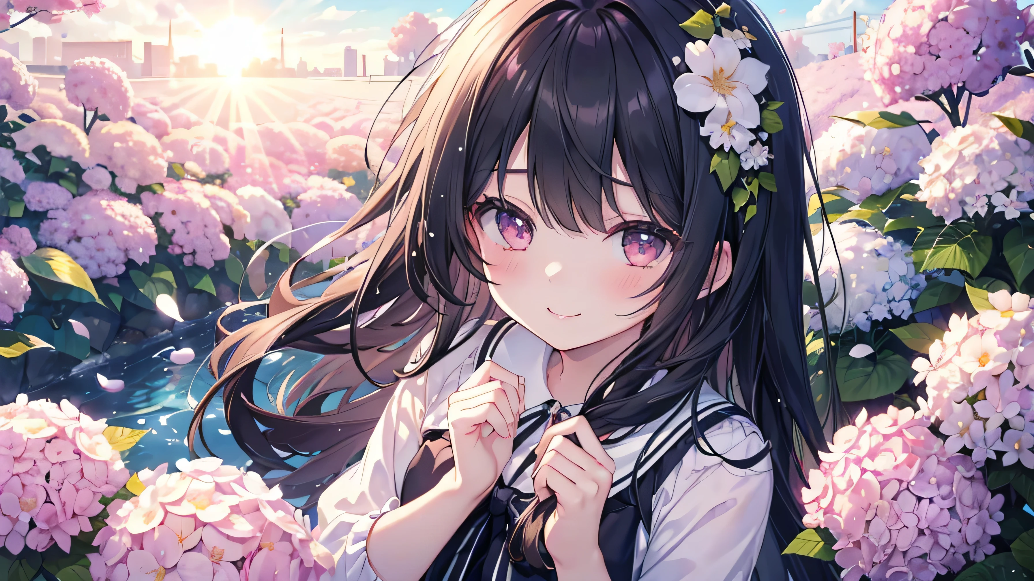 (((Highest quality、masterpiece、Ultra-fine、Ultra-fine、Exquisite、16k、Full HD,high school girl,))) 、Black Hair,((Sad), (((Looking up)))) 、((Soft sunlight、((sunny)) )),Hydrangea flowers blooming in the rain、Dark Eyes、Long eyelashes、White skin、(Pale pink lips、Pale pink cheeks、thin and long)、 ((cute)) ((one person)) 、((The best smile)) 、