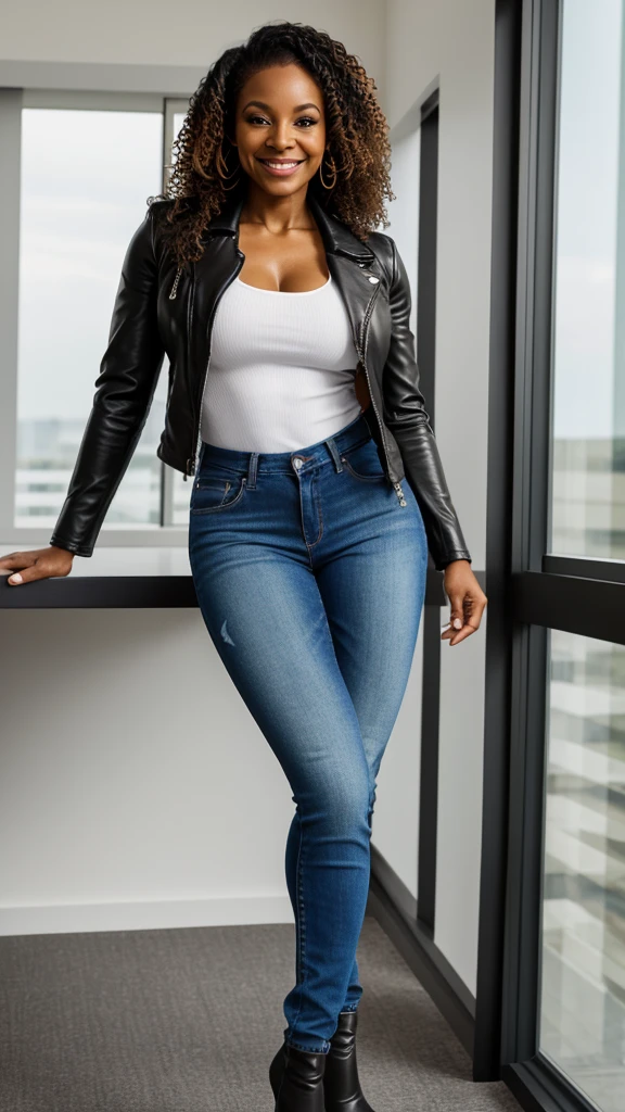 light skinned black woman, female bodybuilder, 60 year old, big muscles, smiling, standing in the boardroom next to window, tight denim pants, leather jacket, thin heels boots, knee high boots, (((full body shots)))