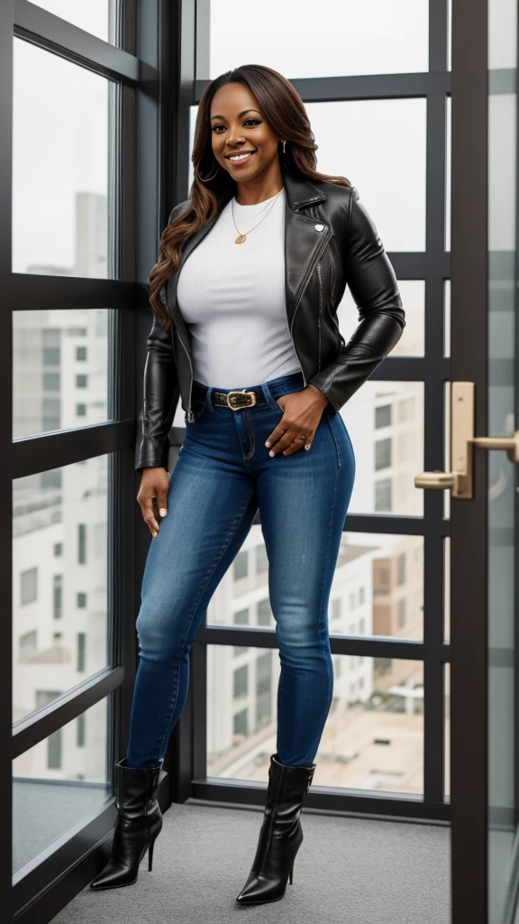 light skinned black woman, female bodybuilder, 60 year old, big muscles, smiling, standing in the boardroom next to window, tight denim pants, leather jacket, thin heels boots, knee high boots, (((full body shots)))