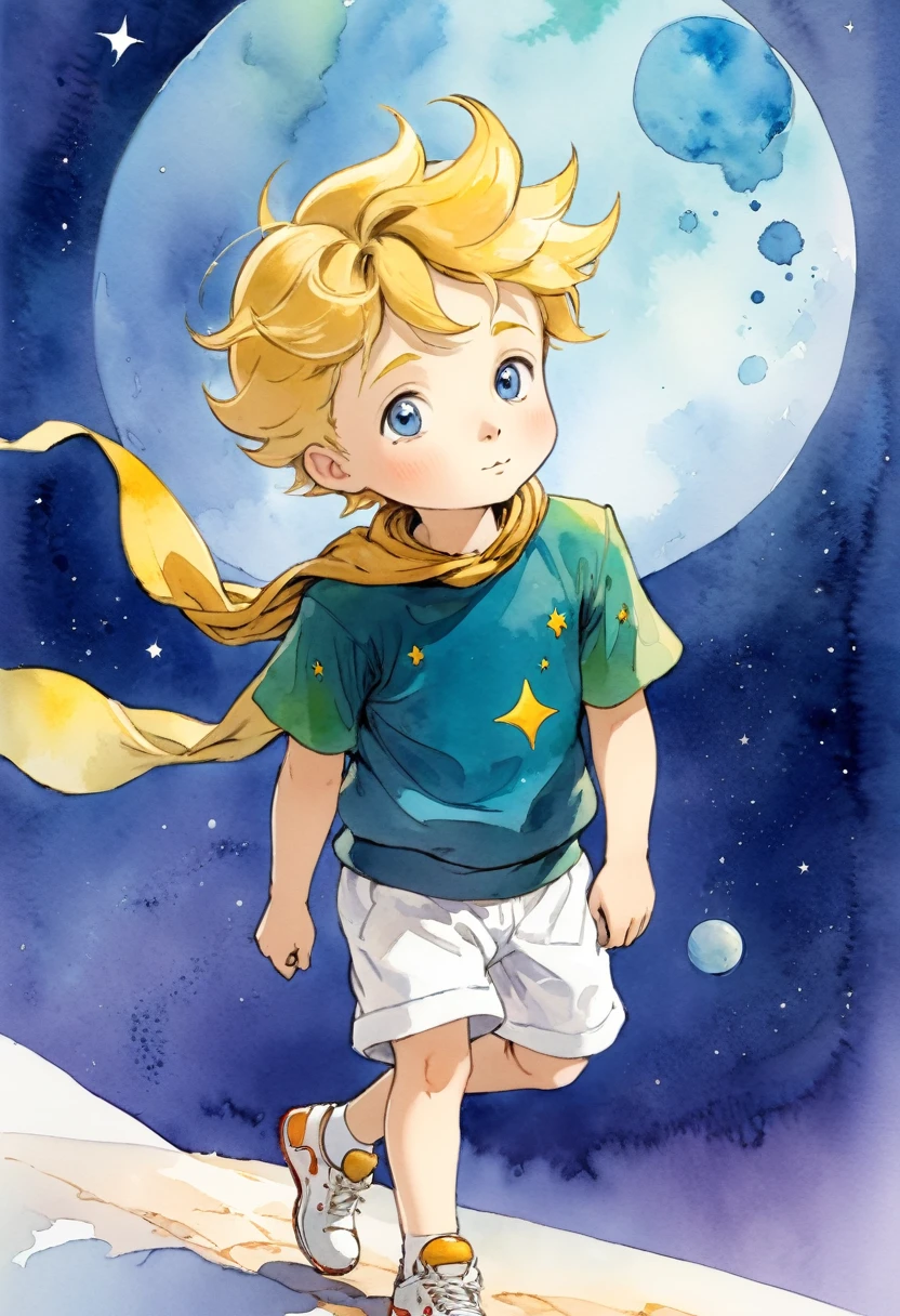 The Little Prince by Saint-Exupéry, en train de courir, chaussures de sport, short de sport, t-shirt de sport, style aquarelle, colored