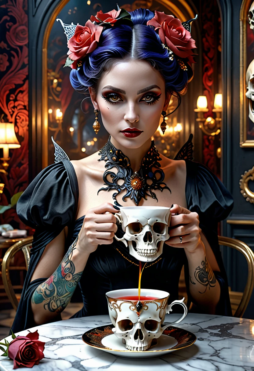 Ultra detailed digital art masterpiece, face portrait, mysterious dark fairy woman , drinking a delicious tea from a skull tea cup, realistic bobe skull teacup, ultra detailed london tea house, in year 1890, victorian style, rose flower style, Bone🦴 decor on table, white marble, victorian decals,  perfect lighting, elegant, Tom Bagshaw, Anne Bachelier, unreal engine 5 nanite quality, mixed with dark elements, dark environment, very dark night , clean dark velour fairy clothing , dark washed out eyeliner, no make up, natural face, nose piercing, abstract , big shiny eyes, ultra detailed atmospheric details, beautiful glowing effects , sparkle effects , realistic body proportions , beautiful face proportions, complex masterpiece, wild hair style, creative glowing detailed tattoos, complex physics, enhanced colors, complimentary colors, ultra detailed raytracing reflections, Ultra detailed complex background, environment feels alive, direct eye contact, by BoneAge🦴