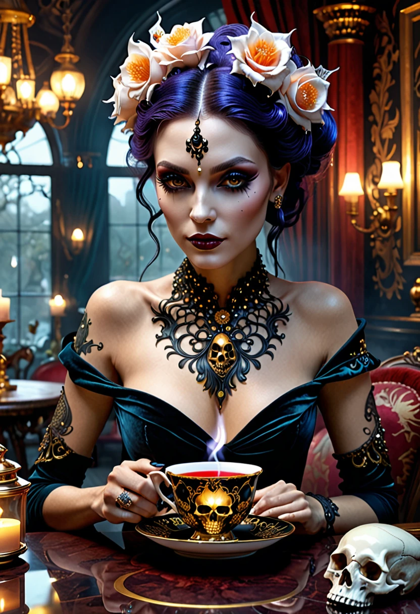 Ultra detailed digital art masterpiece, face portrait, mysterious dark fairy woman , drinking a delicious tea from a skull tea cup, realistic bobe skull teacup, ultra detailed london tea house, in year 1890, victorian style, rose flower style, Bone🦴 decor on table, white marble, victorian decals,  perfect lighting, elegant, Tom Bagshaw, Anne Bachelier, unreal engine 5 nanite quality, mixed with dark elements, dark environment, very dark night , clean dark velour fairy clothing , dark washed out eyeliner, no make up, natural face, nose piercing, abstract , big shiny eyes, ultra detailed atmospheric details, beautiful glowing effects , sparkle effects , realistic body proportions , beautiful face proportions, complex masterpiece, wild hair style, creative glowing detailed tattoos, complex physics, enhanced colors, complimentary colors, ultra detailed raytracing reflections, Ultra detailed complex background, environment feels alive, direct eye contact, by BoneAge🦴