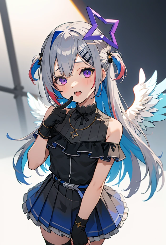 noberetkanatan1girl, solo, virtual youtuber, long hair, gloves, wings, multicolored hair, official alternate hair length, grey hair, colored inner hair, blue hair, angel wings, purple eyes, halo, star halo, official alternate hairstyle, partially fingerless gloves, angel, thigh strap, black gloves, hair ornament, dress, smile, looking at viewer, bangs, open mouth, two side up, jewelry, feathered wings, white background, pleated dress, single thighhigh, black dress, simple background, frills, bare shoulders, thighhighs, hairclip, necklace, gradient dress, belt, cowboy shot, index finger raised, finger to mouth, sleeveless, white wings,(((nsfw)))