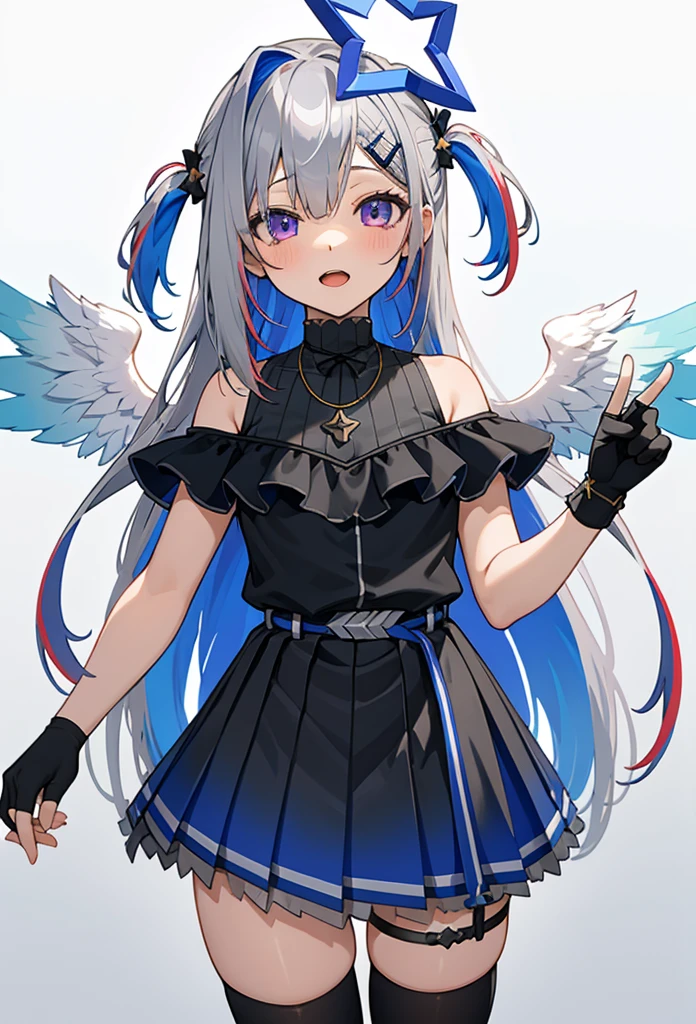 noberetkanatan1girl, solo, virtual youtuber, long hair, gloves, wings, multicolored hair, official alternate hair length, grey hair, colored inner hair, blue hair, angel wings, purple eyes, halo, star halo, official alternate hairstyle, partially fingerless gloves, angel, thigh strap, black gloves, hair ornament, dress, smile, looking at viewer, bangs, open mouth, two side up, jewelry, feathered wings, white background, pleated dress, single thighhigh, black dress, simple background, frills, bare shoulders, thighhighs, hairclip, necklace, gradient dress, belt, cowboy shot, index finger raised, finger to mouth, sleeveless, white wings,(((nsfw)))