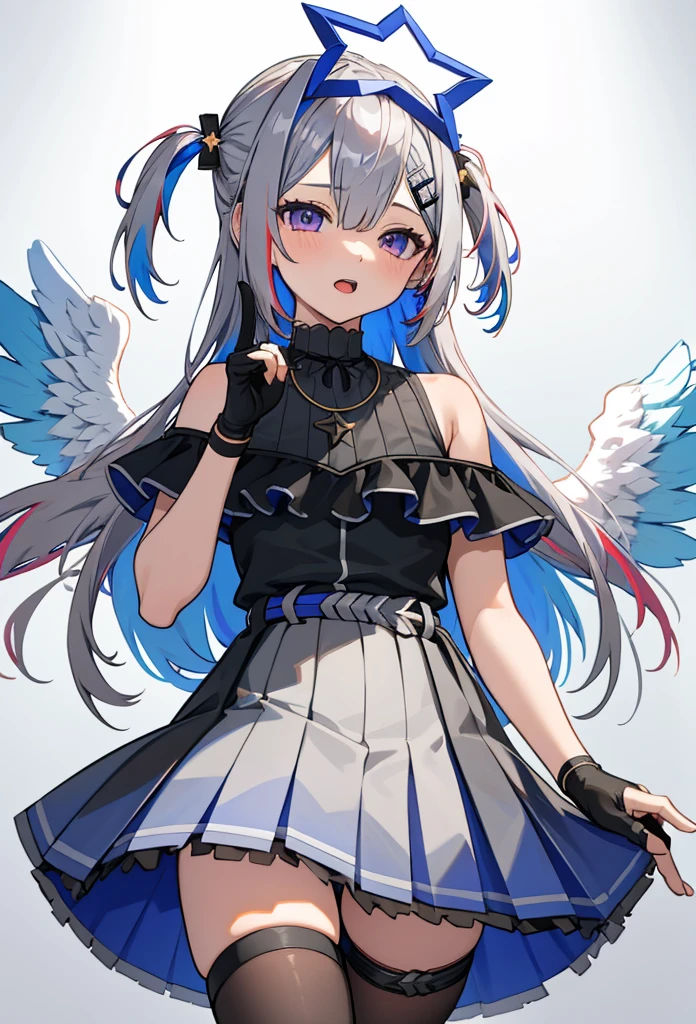 noberetkanatan1girl, solo, virtual youtuber, long hair, gloves, wings, multicolored hair, official alternate hair length, grey hair, colored inner hair, blue hair, angel wings, purple eyes, halo, star halo, official alternate hairstyle, partially fingerless gloves, angel, thigh strap, black gloves, hair ornament, dress, smile, looking at viewer, bangs, open mouth, two side up, jewelry, feathered wings, white background, pleated dress, single thighhigh, black dress, simple background, frills, bare shoulders, thighhighs, hairclip, necklace, gradient dress, belt, cowboy shot, index finger raised, finger to mouth, sleeveless, white wings,(((nsfw)))