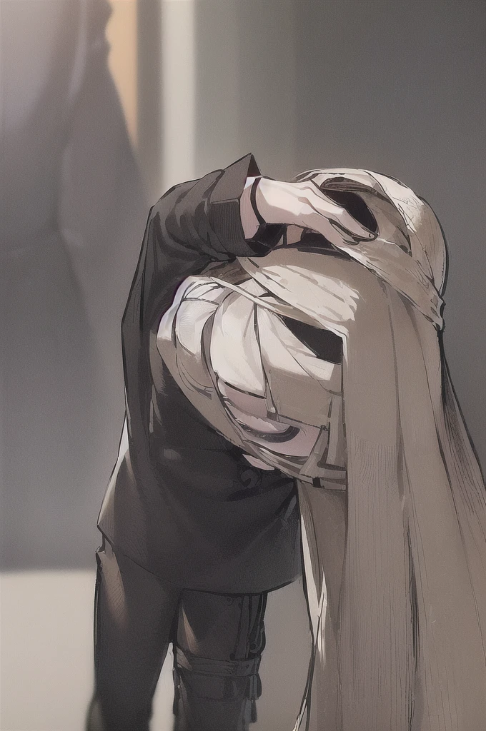 ((masterpiece, best quality)), (1girl), (solo), (female focus), (((((shy girl))))), ((((shy posture)))), (((standing up straight))), (((full body drawing))), ((((flat chested)))), ((amber-colored irises on her eyes)), ((((Mikoto Urabe Mysterious Girlfriend X anime style haircut)))), ((((((((hair bangs over eyes)))))))), ((((eyes behind hair)))), (((black short messy bob-cut))), ((((((eyes not visible due to being covered by hair bangs)))))), ((((eyes not visible due to be hidden by hair bangs)))), ((((black high-waist long slacks)))), ((black suspenders)), (((black tie))), (((women's dress shirt))), ((women's dress shoes)), (((20-year-old Office Lady))), ((((Office Setting)))).
