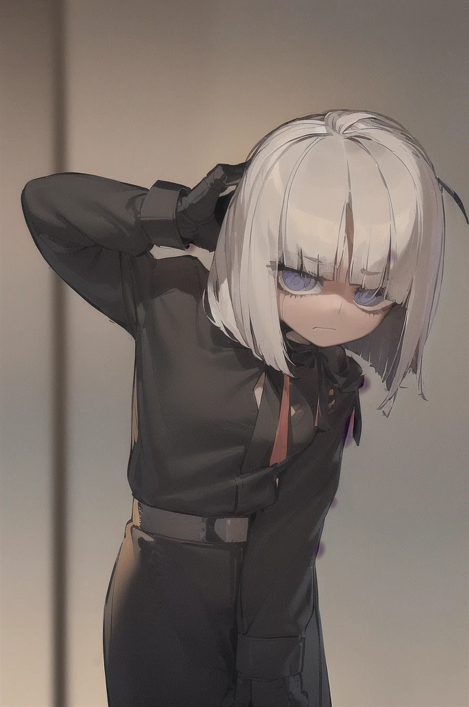 ((masterpiece, best quality)), (1girl), (solo), (female focus), (((((shy girl))))), ((((shy posture)))), (((standing up straight))), (((full body drawing))), ((((flat chested)))), ((amber-colored irises on her eyes)), ((((Mikoto Urabe Mysterious Girlfriend X anime style haircut)))), ((((((((hair bangs over eyes)))))))), ((((eyes behind hair)))), (((black short messy bob-cut))), ((((((eyes not visible due to being covered by hair bangs)))))), ((((eyes not visible due to be hidden by hair bangs)))), ((((black high-waist long slacks)))), ((black suspenders)), (((black tie))), (((women's dress shirt))), ((women's dress shoes)), (((20-year-old Office Lady))), ((((Office Setting)))).