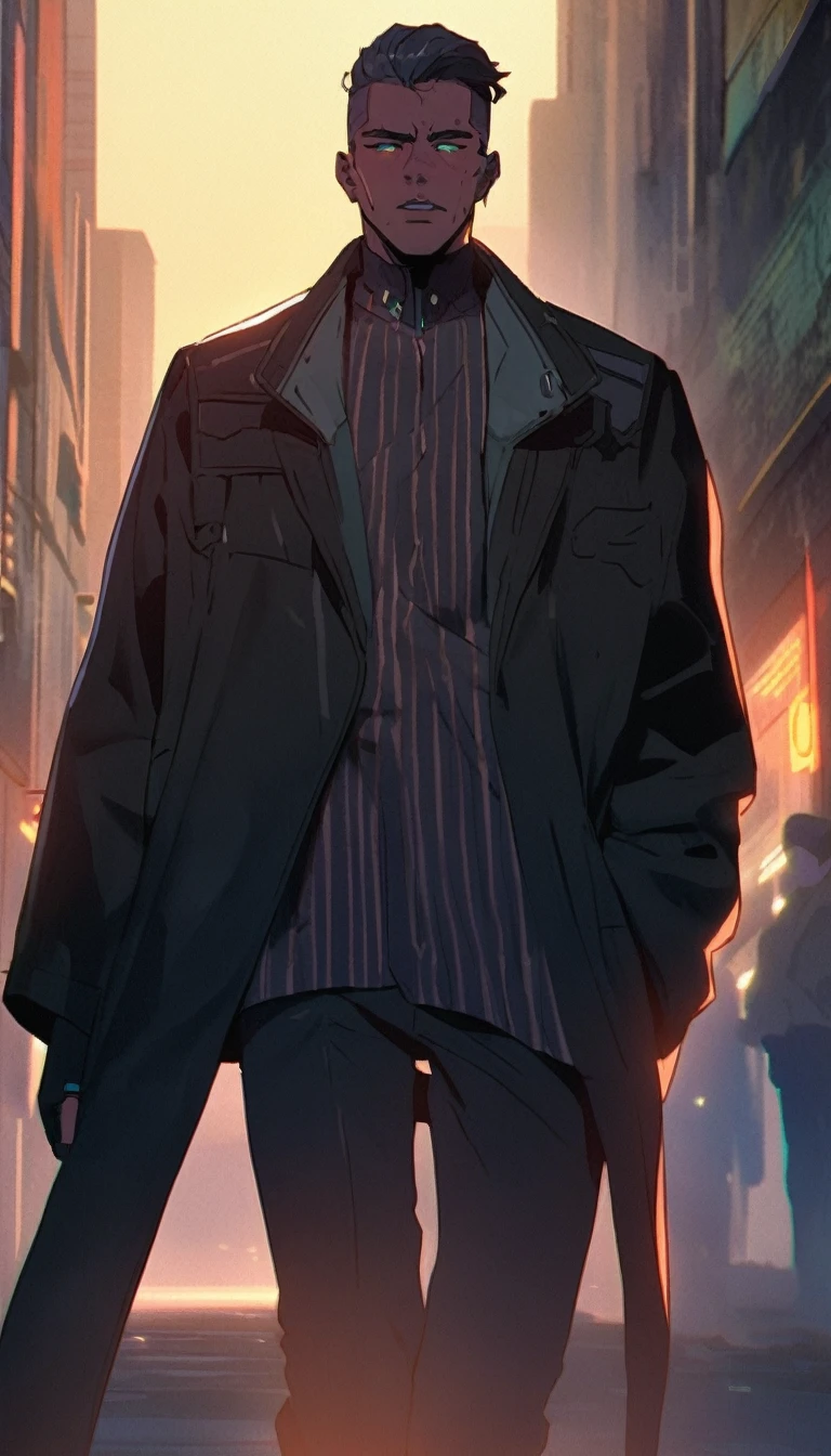 An agent walks down the street,Look ahead. Wearing an elegant black coat. His lips were tightly closed,Eyes are nervous. The situation is dangerous and serious. colored. hazy atmosphere. An atmosphere full of mystery and intrigue. cyberpunk,