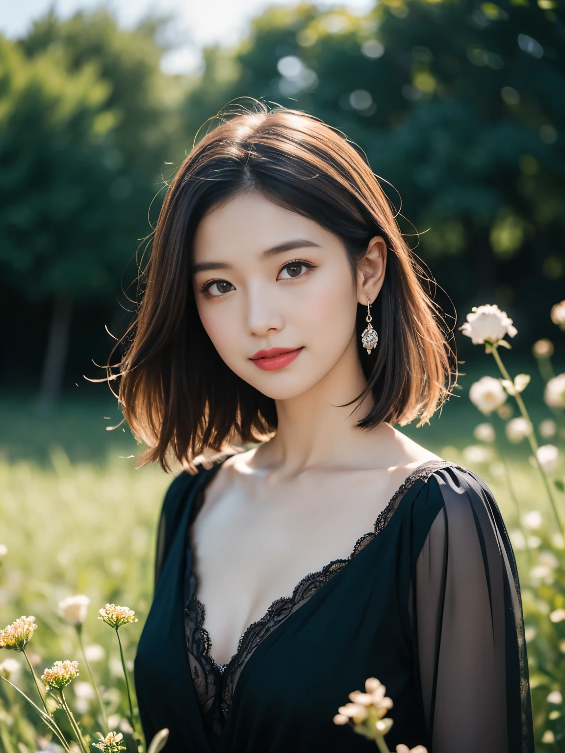 (masterpiece, highest quality:1.2), (8K Ultra HD, 16k, 32k, Ultra-high resolution), (Realistic:1.37), (RAW Photos), Ultimately realistic, Ultimately realistic details, Ultimately realistic texture, Ultimate in exquisite detail, Ultimately realistic lighting, Ultimately realistic shadow, Japanese Girls, 24-years-old, Extremely cute face, Ultimate RAW Skin, Ultimate Eye, In a field of tall grass and flowers、Woman standing in gothic style smiling. she長い間, With wavy black hair blowing in the wind、Light makeup with a little dark lipstick. she、She is wearing a sheer black blouse with intricate lace detailing and a deep V-neck。, Pair it with high-waisted dark pants. sheぶら下がるイヤリングと重ねた銀のネックレスで飾られている. This scene is soft, Warm glow on blurry background, Emphasizing the feminine and graceful presence in a natural setting.
