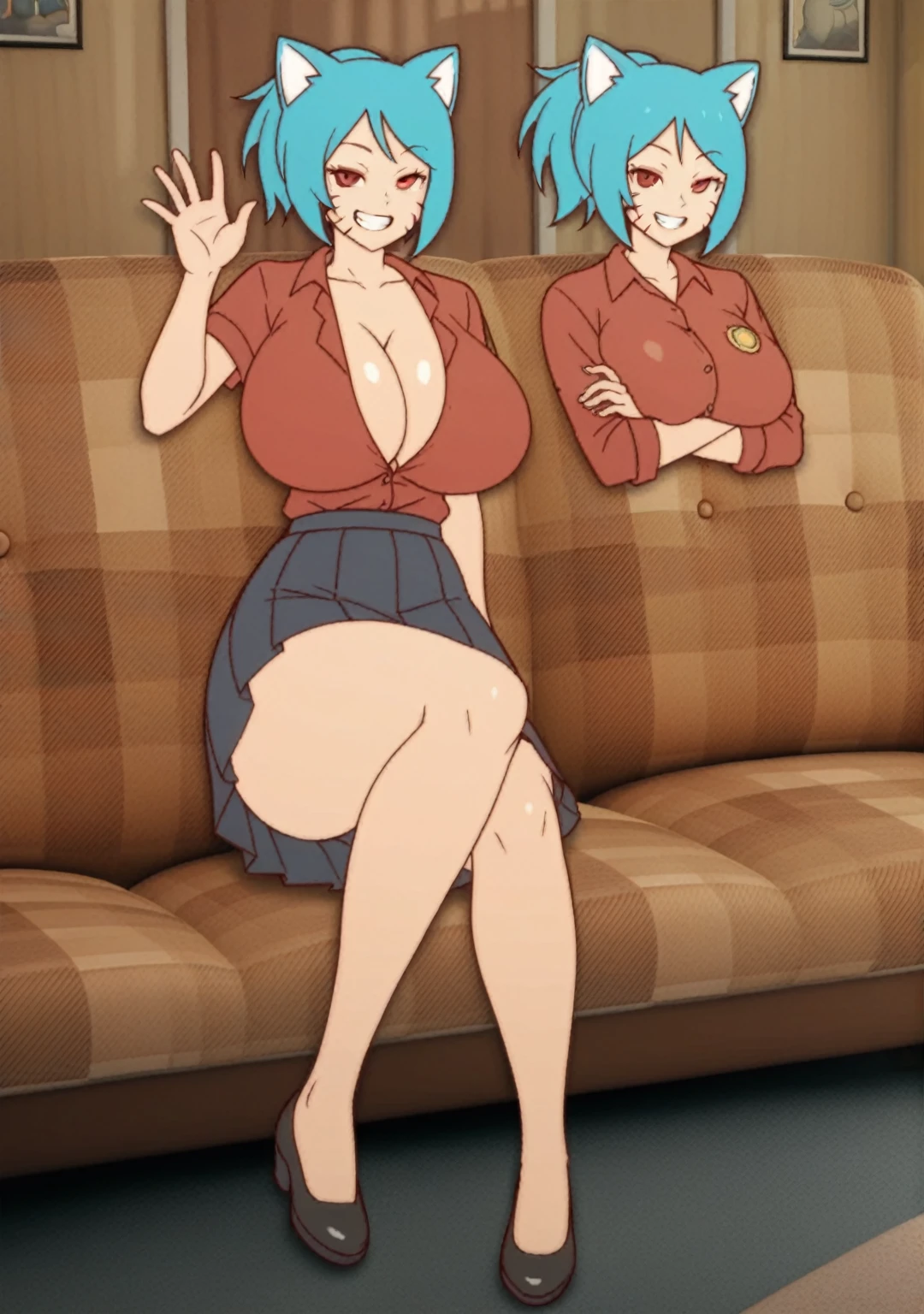 score_8_up, score_7_up, score_6_up, score_5_up, score_4_up, anime screenshot
1girl, manyakis, nicole watterson, animal ears, ponytail, blue hair, red eyes, facial mark, collared shirt, skirt
Full body, looking at viewer, sitting, on couch, grin, waving, huge breast, shirt barely can hold breast