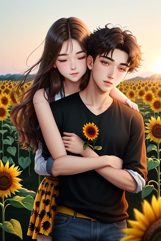 Holding sunflower at sunflower field and kissing aggressive
20-year-old boy and 18-year-old girl and. Detailed face, double eyelid, hot vibes. Handsome-cool-warm-boy with brown hair and hot-seductive-sexy-cute-beautiful-girl with black hair and blushing face. Intimate vibes.