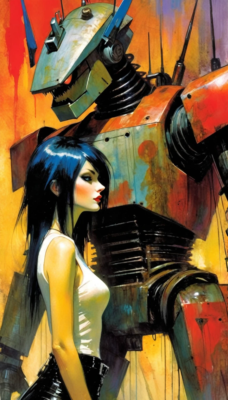 gothic punk sexy girl in love with robot giant monster (inspirational art by Dave McKean and Bill Sienkiewicz, oil painting, details of brush strokes that enhance depth) (best quality,4k,8k,highres,masterpiece:1.2),ultra-detailed,(realistic,photorealistic,photo-realistic:1.37),intricate details,vivid colors,sharp focus,professional,Dave McKean artwork, oil touch of surrealism,oil painting style,,dreamlike atmosphere,girl and giant robot, giant monster robot, sexy girl,shadow play,soft lighting,playful pose,minimalist room,dark hues,ethereal background,fantasy elements,texture,layered composition.