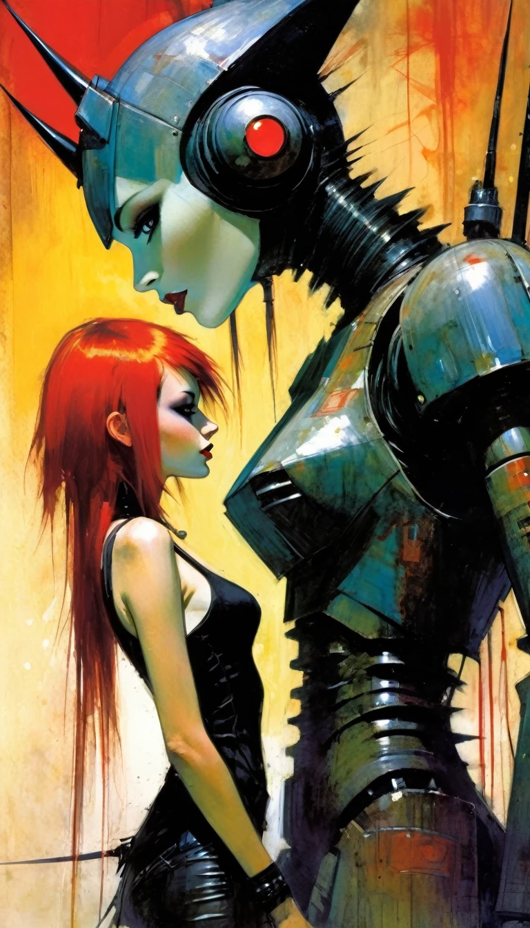 gothic punk sexy girl in love with giant robot monster (inspirational art by Bill Sienkiewicz, oil painting, details of brush strokes that enhance depth)