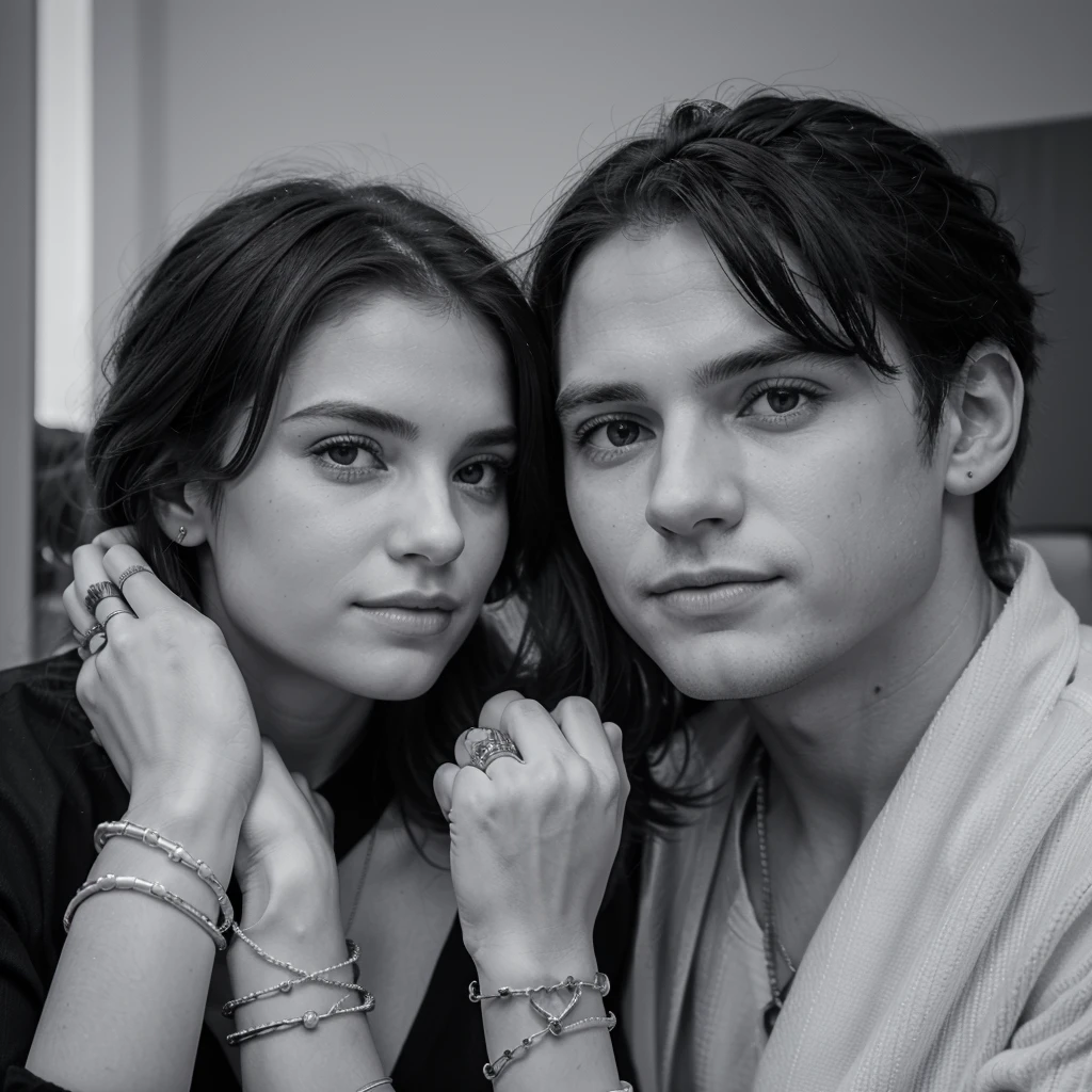 A woman holding hands with a boy, couple et la femme possède des anneaux en métal blanc et des bagues noirs et un bracelet noir. ( Gros plan uniquement sur la main du couple )