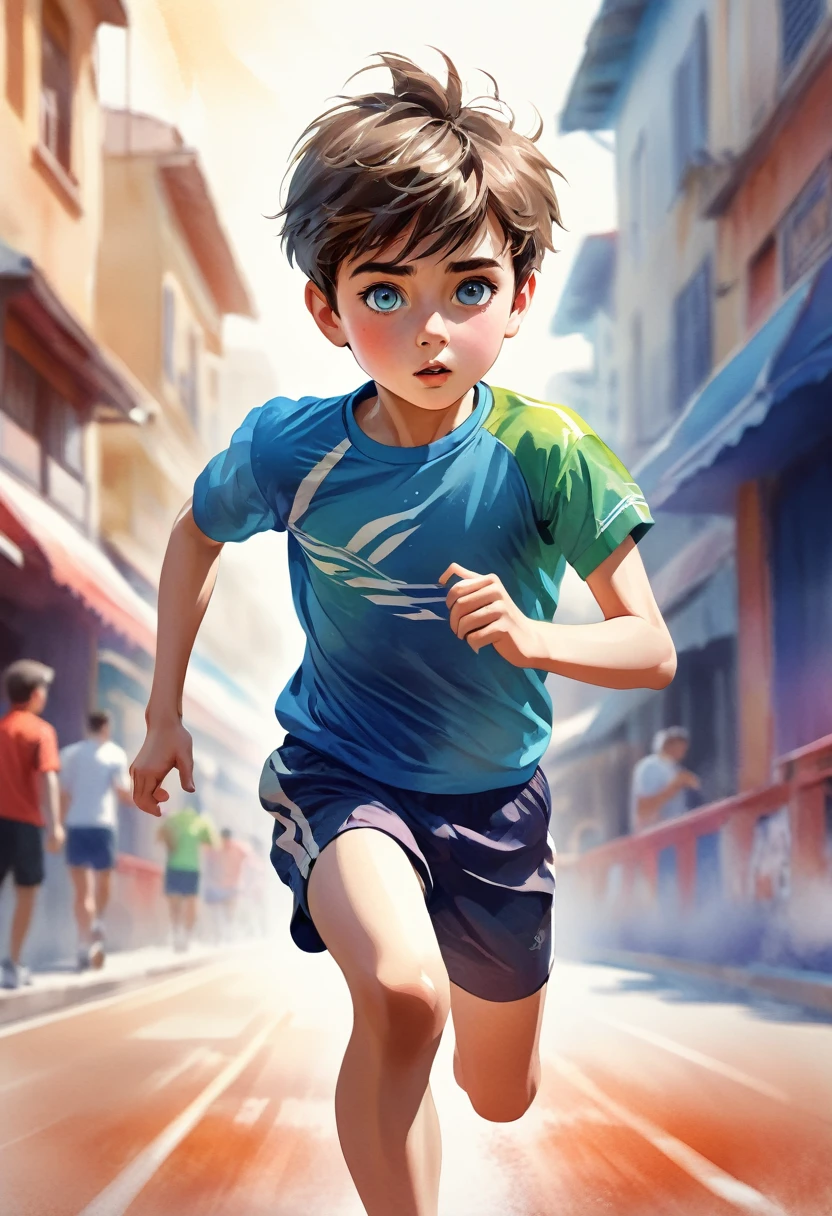 a boy in a sports outfit, short, t-shirt, running, watercolor style, colorful, highly detailed, realistic, cinematic lighting, vibrant colors, beautiful detailed eyes, beautiful detailed facial features, extremely detailed portrait, dynamic pose, action, motion blur, depth of field, photorealistic