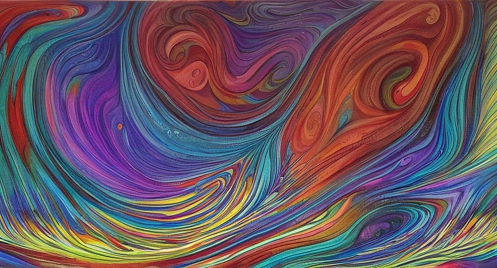 a painting of waves with a rainbow colored swirls fine lines and details,