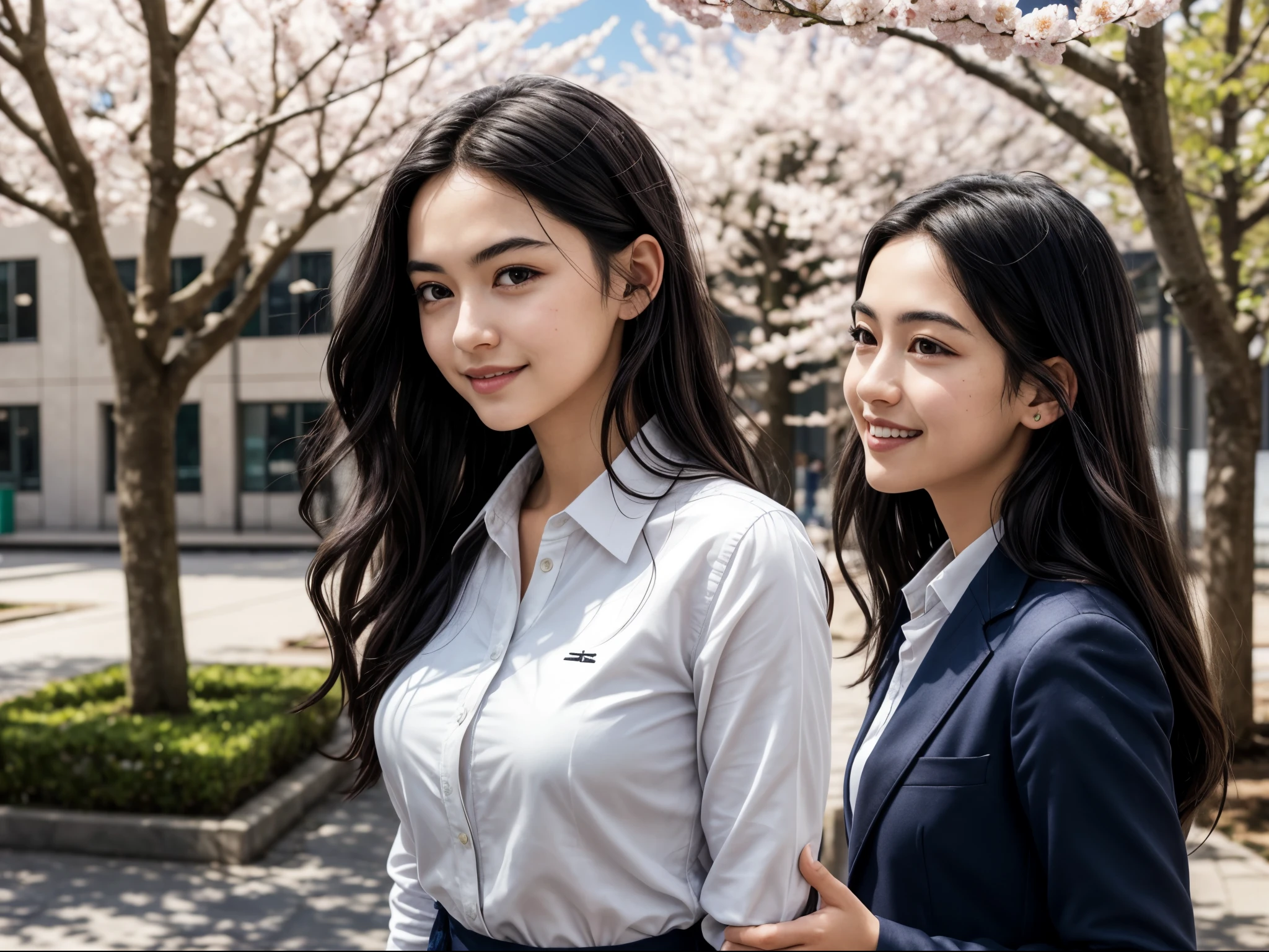 The photograph of girl standing confidently in the school courtyard, surrounded by blooming cherry blossom trees. She is wearing her with a hint of elegance—a neatly pressed blazer over a crisp white shirt. Her long, flowing hair catches the sunlight, framing her face with soft curls. girl's expression is thoughtful yet approachable, embodying her poised demeanor and natural charisma. In the background, classmates can be seen chatting and laughing, reflecting girl's popularity and respected presence among her peers. girl is arabs, very long straight black hair, (thick eyebrows:0.8), huge breasts, (warm skin undertone), black eyes, wide eyes, middle parted hair, v-shaped eyebrows, (v-shaped eyes, tsurime),