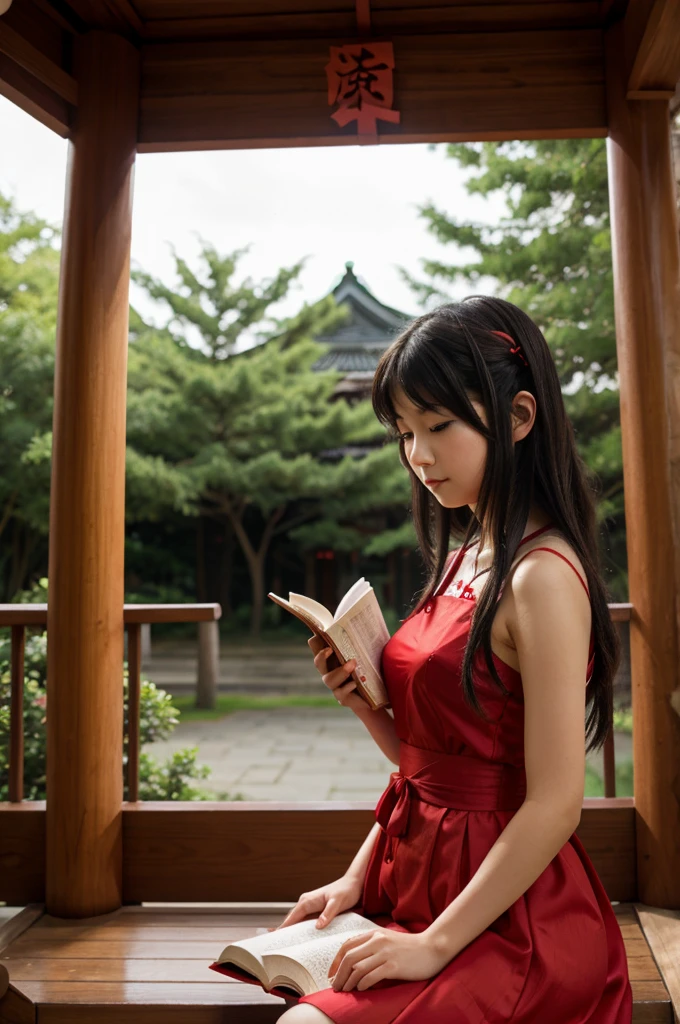 Reimu_Hakurei, Red Dress, Miko, Shrine Background, 1girl, reading book masterpiece, best quality, highly detailed