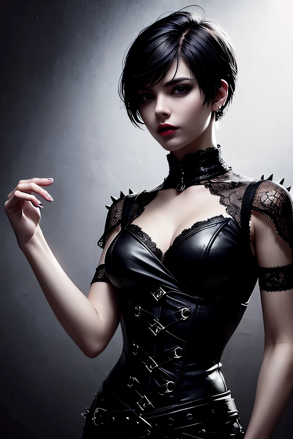 1 girl, short white hair, short spiky pixie cut, dungeon, dark, dramatic lighting, punk rock, biker, black corset, purple lace, miniskirt, earrings, piercings, (style of Raymond Swanland:1.2)