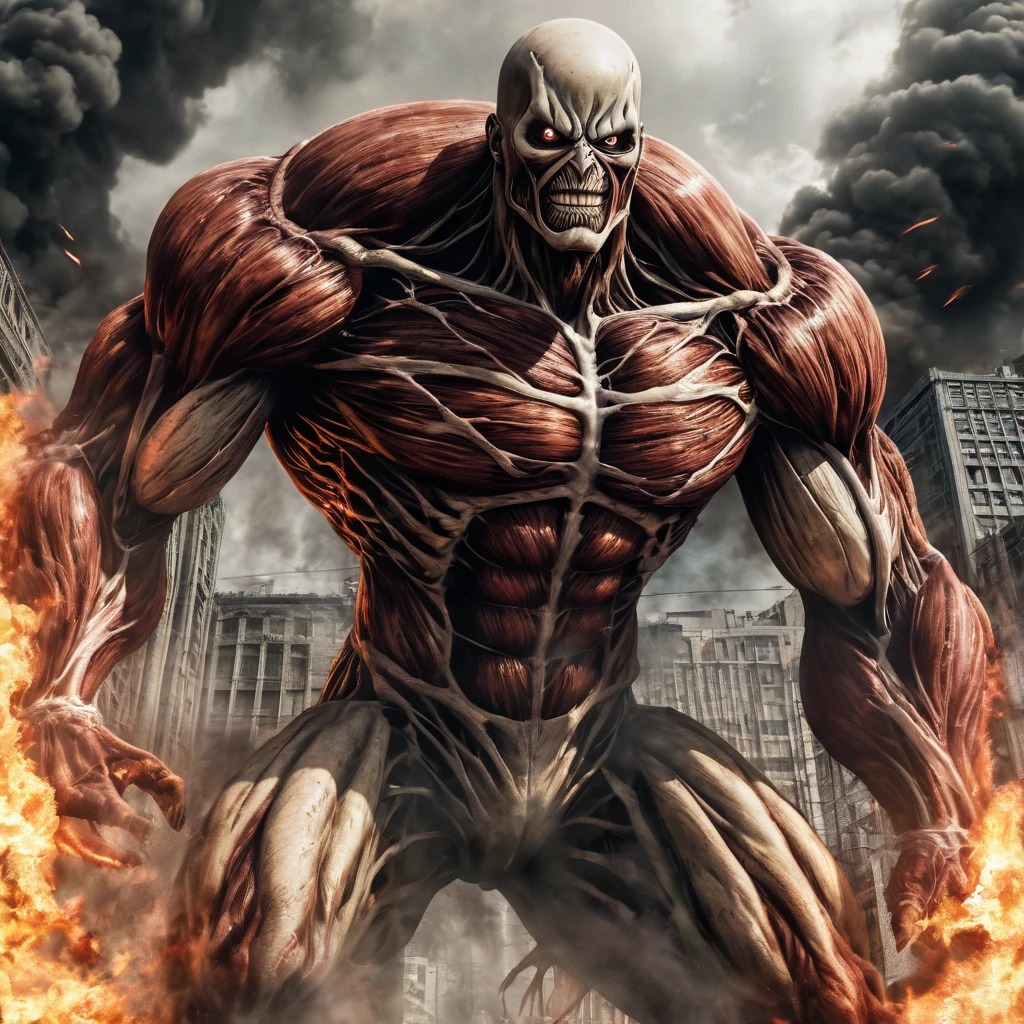 A photorealistic portrait of the Attack on Titan anime ending, featuring shinigami Light yagami in his Titan form battling the colossal Titan. Light yagami as a titan, The portrait captures every detail of the scene, from the expressions on the characters' faces to the smoke and fire in the background. (masterpiece:1.2) (illustration:1.2) (best quality) (detailed) (intricate) (8k) (HDR) (wallpaper) (cinematic lighting) (sharp focus)