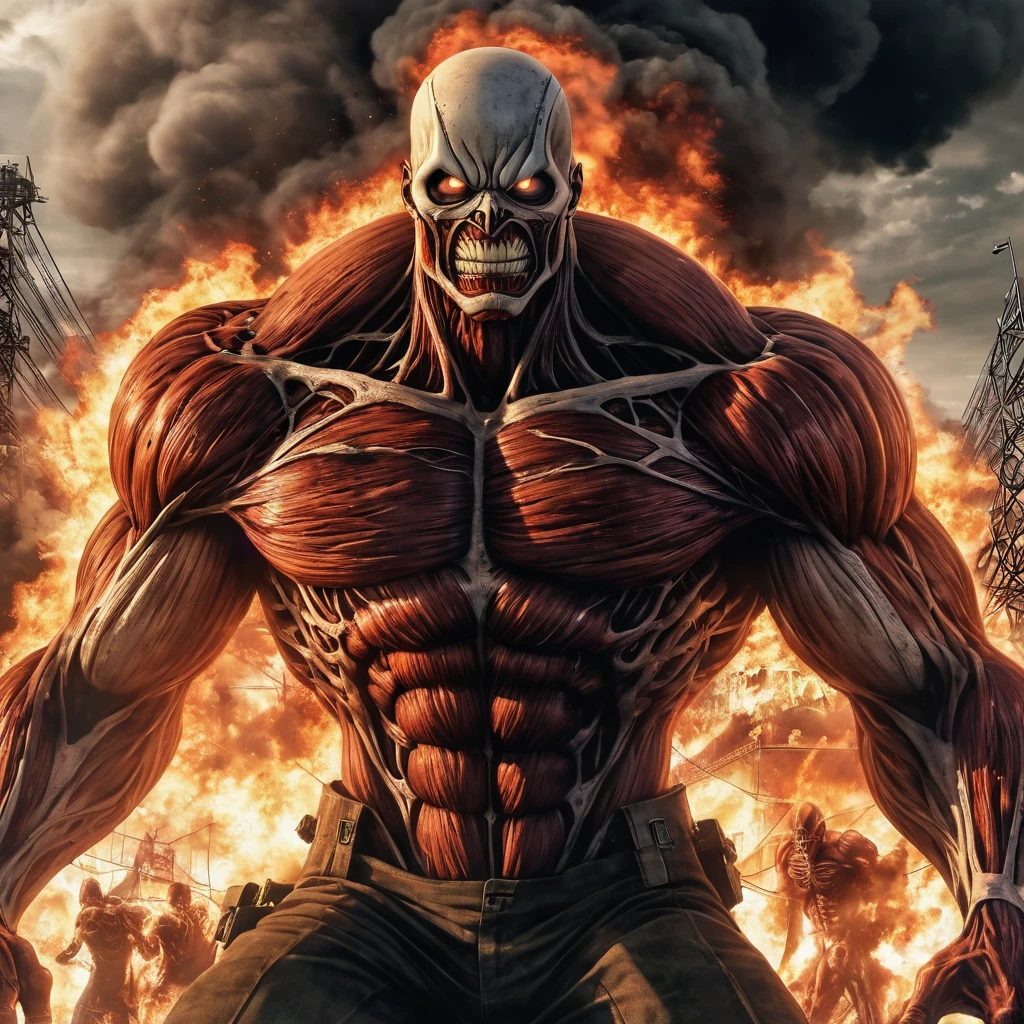 A photorealistic portrait of the Attack on Titan anime ending, featuring shinigami Light yagami in his Titan form battling the colossal Titan. Light yagami as a titan, The portrait captures every detail of the scene, from the expressions on the characters' faces to the smoke and fire in the background. (masterpiece:1.2) (illustration:1.2) (best quality) (detailed) (intricate) (8k) (HDR) (wallpaper) (cinematic lighting) (sharp focus)