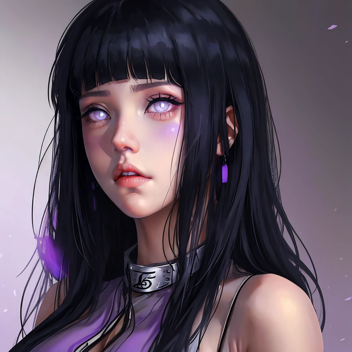 1girl, adult, Hinata Hyuga, the last, shy girl, long black hair, blunt bangs, dark hair, Voluminous hair, lavender eyes, no pupils, Lavender Sleeveless Blouse, big breasts, slim waist, close up masterpiece, best quality, Professional, realistic.