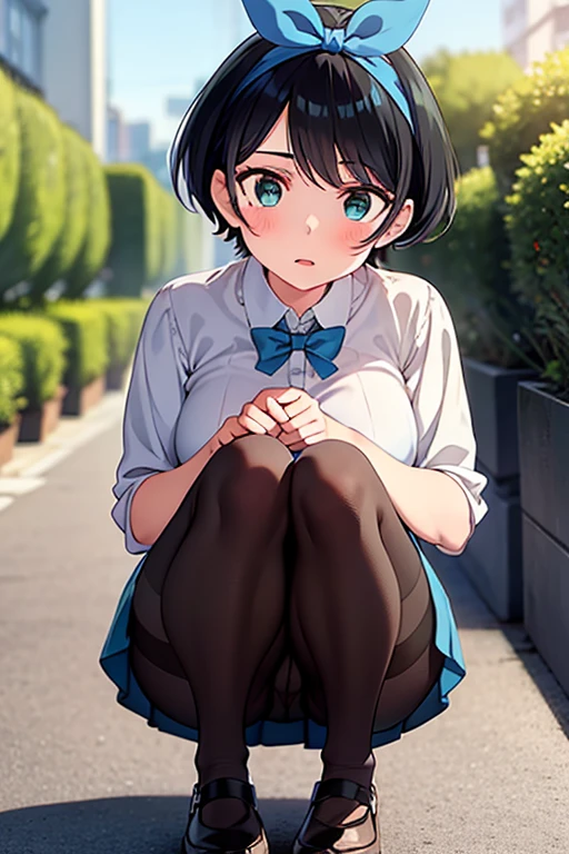 (masterpiece, best quality, ultra-detailed), 1girl, looking at viewer, standing, RukaSarashina, blue ribbon, black hair, short hair, green eyes, , black pantyhose, squatting, black laofers,