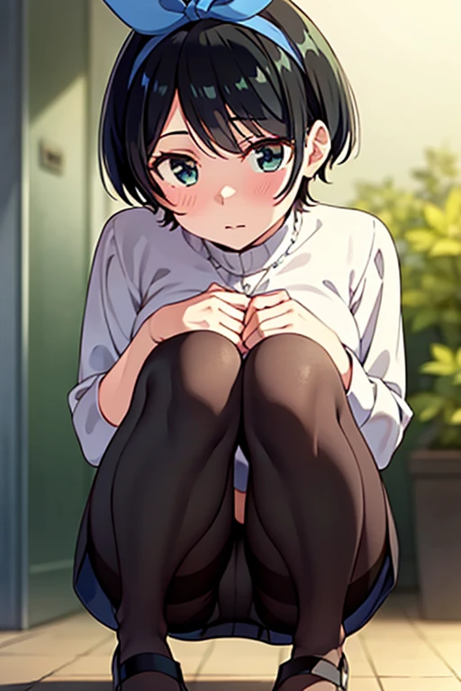 (masterpiece, best quality, ultra-detailed), 1girl, looking at viewer, standing, RukaSarashina, blue ribbon, black hair, short hair, green eyes, , black pantyhose, squatting, black laofers, 