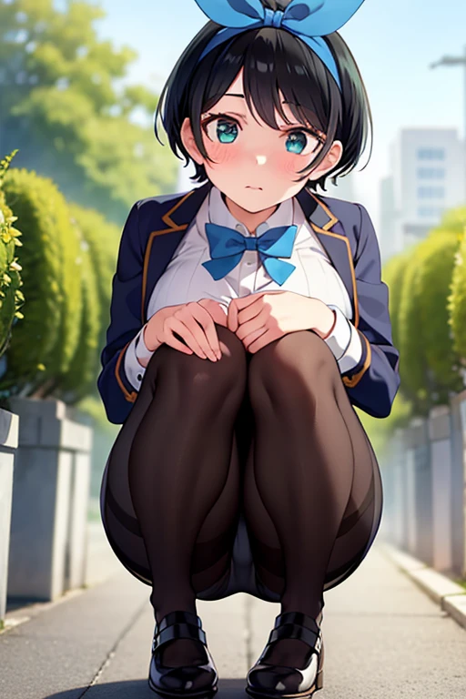 (masterpiece, best quality, ultra-detailed), 1girl, looking at viewer, standing, RukaSarashina, blue ribbon, black hair, short hair, green eyes, , black pantyhose, squatting, black laofers, 