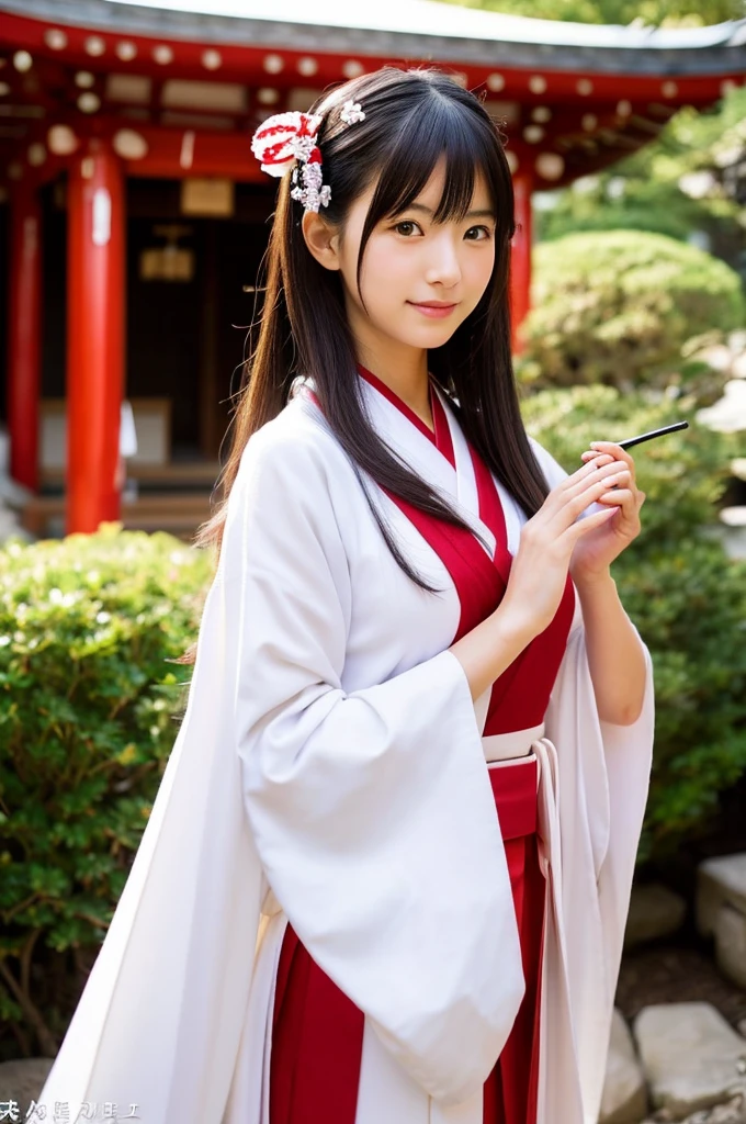 Red hakama, red Japanese style pants, the lower half of the costume is red, Main hall of the shrine, Shrine maiden, ((full body)), ((photo)), ((best qualtiy, 8K, tmasterpiece: 1.3)), Focus: 1.2, perfect figure beautiful girl: 1.4, 1girl, cowboy shot, look at viewer, incredibly absurd, beautiful and cute girl with a photorealistic face, showcasing top-quality craftsmanship, Japanese girl sweeping the garden at the shrine, 17 years old, Her hair is half-up with smooth curls, glossy jet black long hair, Gentle features, Big deep brown eyes, Small face, Fair skin, Translucent, Smooth and silky skin, Natural eyebrow shape, Thin lips, Soft smile,, delicate, Well-balanced proportions, B cup small breasts, Simple and elegant shrine maiden costume, White robe and red hakama,, Beautiful girl, Clean, Healing, Moe, Elegant manners, Kind, Tolerant, Humble, Sincere, Deep faith, January