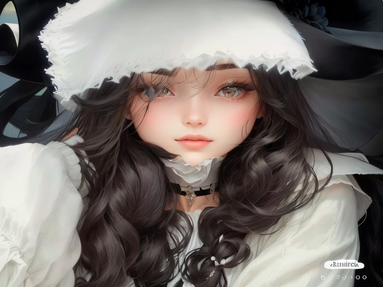 araffe woman with long dark hair and white hat, cabelo branco cacheado, Ulzzang, franja encaracolada, sakimichan, com cabelos longos e cacheados, with hat, Bela Delfina, com cabelos longos brancos, pale, snow-white skin, wearing a cute hat, wearing a choker and a cute hat, franja fofa, com cara fofa - linda