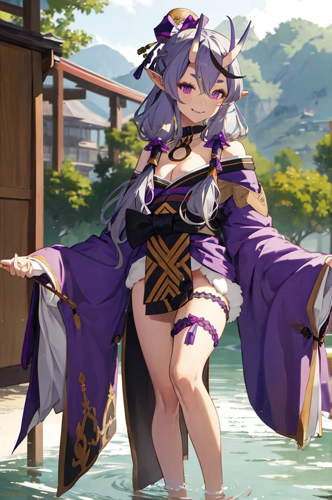 masterpiece, best quality, highres, aamikoto, low twintails, crescent hair ornament, bow, purple ribbon, short eyebrows, fang, off shoulder, purple kimono, short kimono, cleavage, sleeves past wrists, obi, sash, thigh strap, cowboy shot, standing, outdoors, smile, arms at sides, straight-on,(((nsfw,lift skirt))),looking viewer,