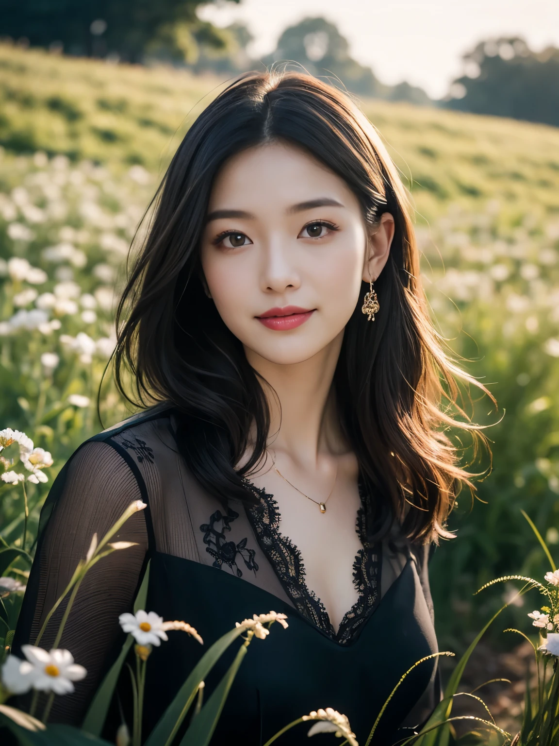 (masterpiece, highest quality:1.2), (8K Ultra HD, 16k, 32k, Ultra-high resolution), (Realistic:1.37), (RAW Photos), Ultimately realistic, Ultimately realistic details, Ultimately realistic texture, Ultimate in exquisite detail, Ultimately realistic lighting, Ultimately realistic shadow, Japanese Girls, 24-years-old, Extremely cute face, Ultimate RAW Skin, Ultimate Eye, In a field of tall grass and flowers、Woman standing in gothic style smiling. she長い間, With wavy black hair blowing in the wind、Light makeup with a little dark lipstick. she、She is wearing a sheer black blouse with intricate lace detailing and a deep V-neck。, Pair it with high-waisted dark pants. sheぶら下がるイヤリングと重ねた銀のネックレスで飾られている. This scene is soft, Warm glow on blurry background, Emphasizing the feminine and graceful presence in a natural setting. 