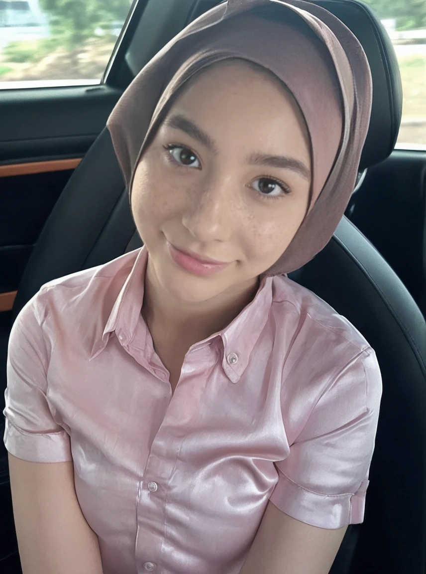 (closeup face selfie, young female, smirk, botox), rok panjang, (looking at viewer:1.2), (peach thin satin button shirt:1.3), (wearing a hijab:1.3), 25 years old, (sit on seat in a car:1.5), (, slim thin body, puffy nipples:1.2), (((realistic, blur, from buttom,)))