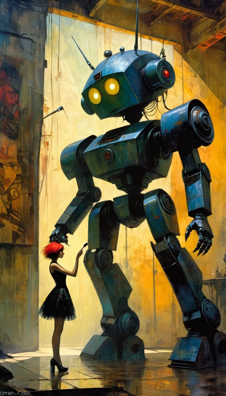 gothic punk sexy girl in love with robot giant monster (inspirational art by Dave McKean and Bill Sienkiewicz, oil painting, details of brush strokes that enhance depth) (best quality,4k,8k,highres,masterpiece:1.2),ultra-detailed,(realistic,photorealistic,photo-realistic:1.37),intricate details,vivid colors,sharp focus,professional,Dave McKean artwork, oil touch of surrealism,oil painting style,,dreamlike atmosphere,girl and giant robot, giant monster robot, sexy girl,shadow play,soft lighting,playful pose,minimalist room,dark hues,ethereal background,fantasy elements,texture,layered composition.