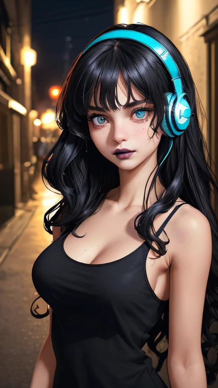 (best quality, masterpiece, perfect face, beautiful and aesthetic:1.2, colorful, dynamic angle, highest detailed face) colored hair, 20 years old girl, medium , flirting on camera, 35mm, bokeh, 9:16, (intricate details, hyperdetailed:1.15), (high contrast, official art, extreme detailed, highest detailed), perfect face, female, aqua eyes, wearing black lipstick, blank stare, long black wavy hair, wearing headphones, bangs, she is wearing a light blue spaghetti strap tank top, big breasts, nighttime, alley way, 3/4 body view
