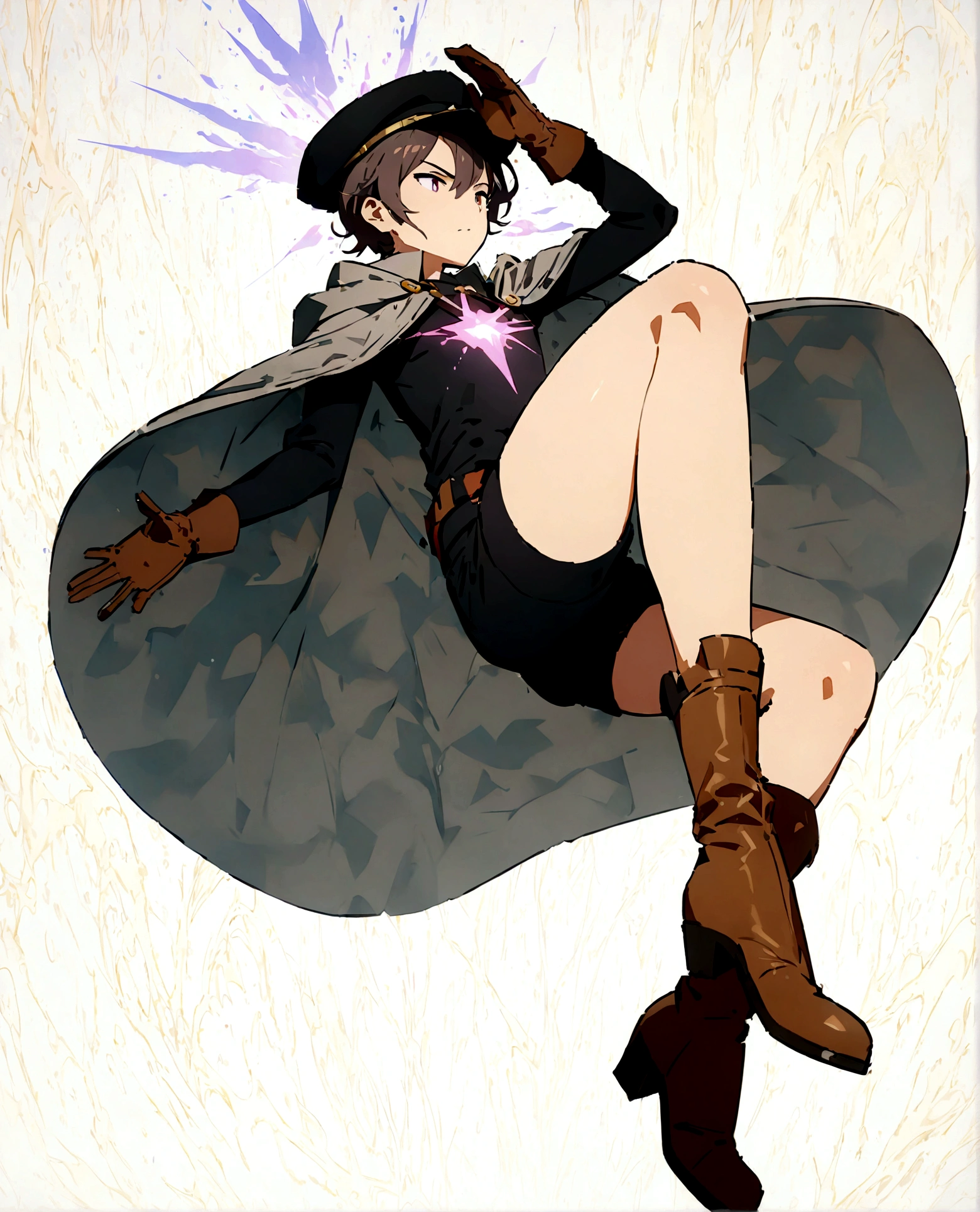 ((anime style)),((high definition, masterpiece, best quality, cinematic lighting)), masterpiece, best quality:1.2), full body, solo, masterpiece, ultra detalied body, best quality, 2k, model, masterpiece, ((ultra-detailed background, delicate pattern, complex details)), (high detail, fine details), best quality, absurd, RAW photo, masterpiece, best_quality, 1man, male, male build, dark gray hair, black shorts, gray cloak, black cap, brown gloves, brown boots, black t-shirt, , villainous look, villainous stand, looks in sky, detalied face, detalied body, detalied hands, detalied legs,