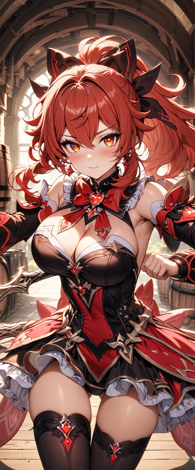 (masterpiece), best quality, expressive eyes, perfect face,Diluc_(genshin impact),red hair,wavy ponytail,cleavage,big breasts,magical girl,(red and black magical girl dress:1.3),detached sleeves,(frilled skirt:1.3),(black stockings),(thigh gap:1.5),bracelet,blush,light smile,winery,barrels,fantasy background,studio lighting,standing,cowboy shot,looking at viewer, eyeshadows, eye liner,glistening eyes, hyper detailed eyes, intricate eyes, beautiful eye,red eyes,standing,fighting pose,bangles,earrings,[[claymore]],holding weapon