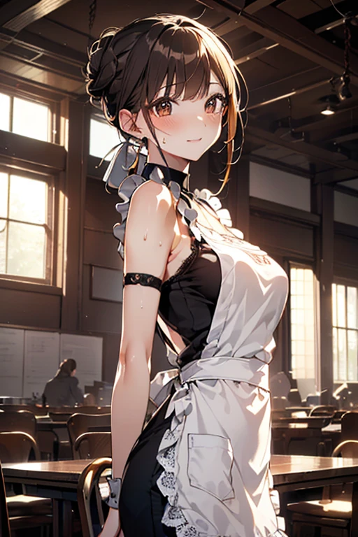 (from below:1.2),(from side:0.6),(Close-Up:0.4), (A masterpiece of image quality in 8K),(Beautiful Allafed Woman),(((emphasizing breasts:1.1))),(Dynamic angles),(Dynamic and sexy bending pose:1.3),(sit a chair:1.2),(Short hair in shiny silver and orange inner colors,small full breasts,Disturbance of clothing due to movement,breast slip,(Ponytail twisted buns adorned with elaborate braids and beads,Braided Setup Fishbone Hair:1.2),(see-through bangs),small breasts,(((A brown lace apron that shows your bare skin from under your small breasts.......)))、garters,Blush with embarrassment、Enraptured eyes、 little open mouth,A smile that beguiles the viewer、(Look back:1.2)、Look into the photographer,skin glistening with sweat,gazing at viewer,,(Professional Lighting),(masutepiece,top-quality,Ultra-high resolution output image,),(Ultra HD with complex detail image modes),depth of fields,Beautiful hands,Beautiful fingers,Detailed finger features,(Detailed hair features:1.7),detailed facial features,detailed clothes features,