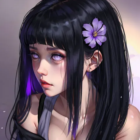 1girl, adult, hinata hyuga, the last, shy girl, long black hair, blunt bangs, dark hair, voluminous hair, lavender eyes, no pupi...