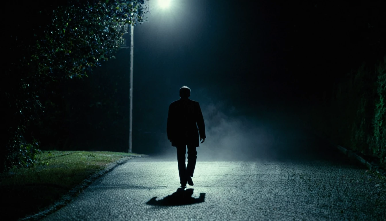 man walking alone, with his back to the camera, sinister street, car with headlights on