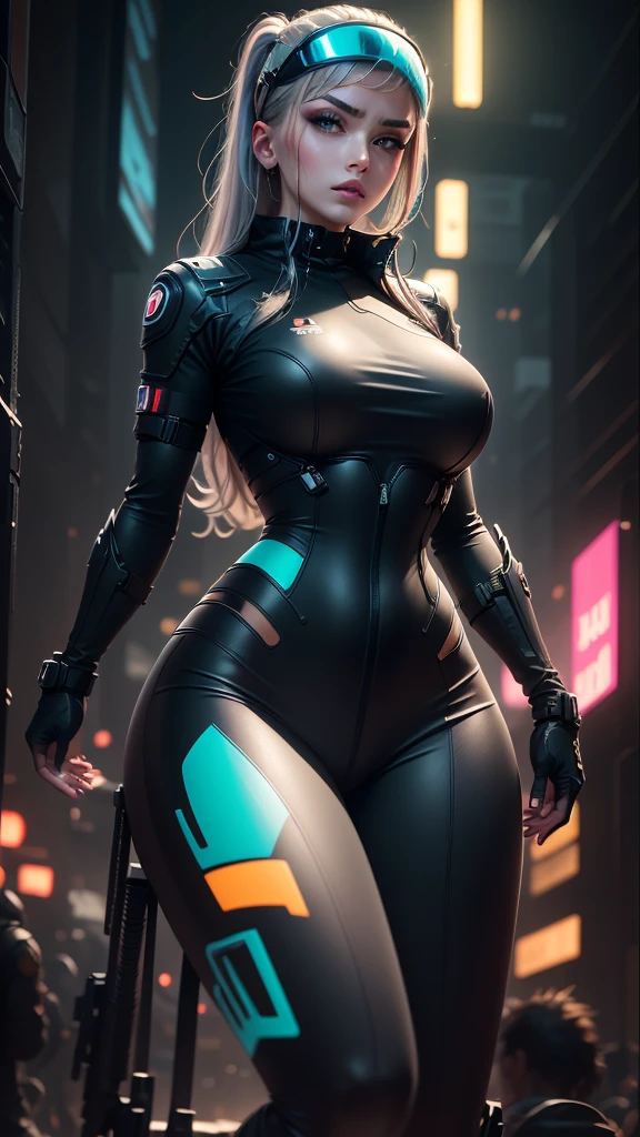 A woman, battle suit, with neon lights, closed helmet on her head, cyberpunk, sexy pose, extreme lights, extreme sharpness, (62k ultra definition), (((masterpiece))), (intricate details), beautiful original design,