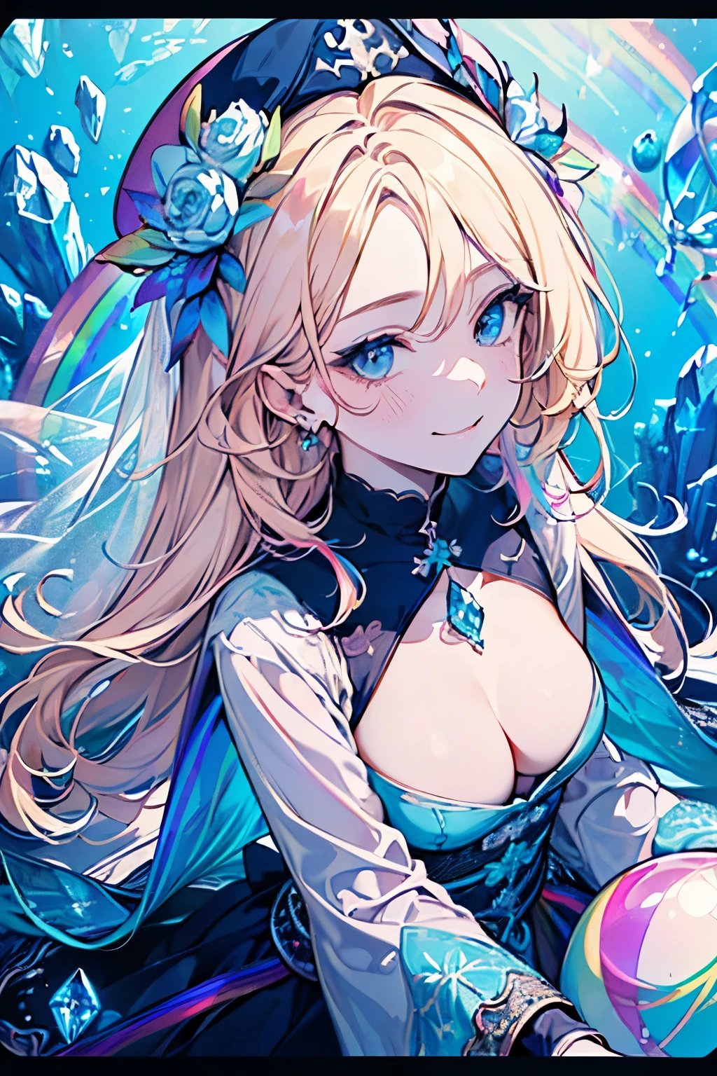(blonde:1.2),(long hair with curls:1.25),(No bangs:1.25),(A crystal-like clear round gem in the middle of the forehead:1.3),(light pink and blue eyes:1.3),(clergyman:1.3),(White, light blue, blue, and navy blue monastic robes:1.3),(hat with a veil:1.25),(blush:1.2),(small breasts:1.65),(Front perspective:1.5),(A sphere like a crystal ball:1.45),(Luxury rainbow-colored frame arcana card motif:1.6),(Smile slightly:1.3),(NSFW:1.05)