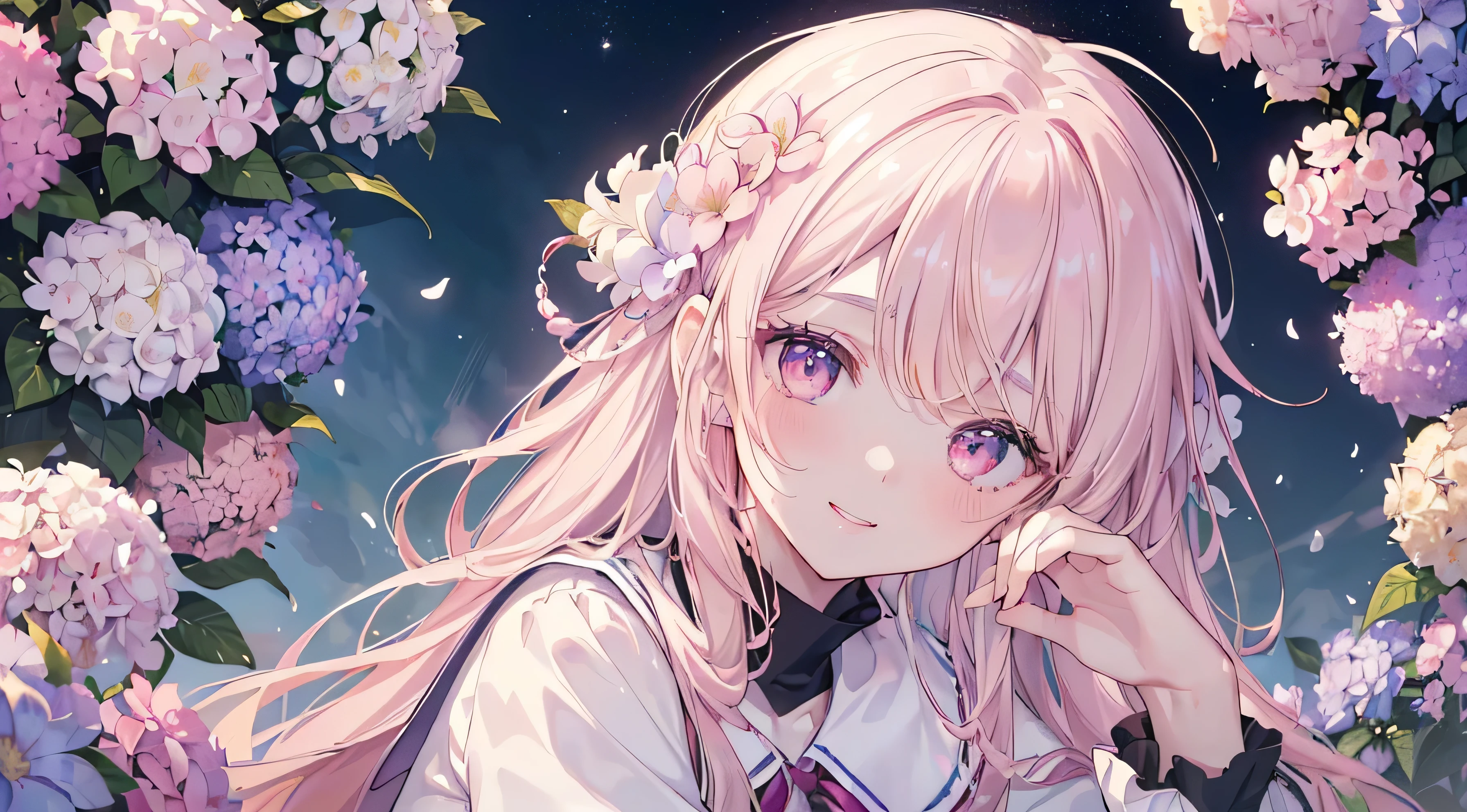 (((Highest quality、masterpiece、Ultra-fine、Ultra-fine、Exquisite、16k、Full HD,high school girl,))) 、((((Looking up angle)))) 、Dark Eyes、Long eyelashes、White skin、(Pale pink lips、Pale pink cheeks、thin and long)、 ((cute)) ((one person)) 、((The best smile)) 、Hydrangea flowers、