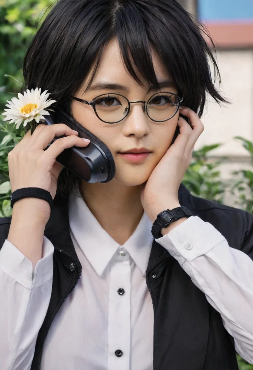 close up photo of 1girl arrow_(symbol) black-framed_eyewear black_hair black_jacket brown_eyes bulletin_board buttoned_cuffs buttons cellphone collared_jacket collared_shirt day flower_(symbol) gakuran glasses holding holding_phone holding_removed_eyewear jacket kettle kikumon long_sleeves looking_at_object looking_down male_focus mask mouth_mask outdoors paper phone poster_(object) school_uniform shadow shirt short_hair smartphone solo stick stone_wall strap surgical_mask unworn_eyewear upper_body white_mask white_shirt