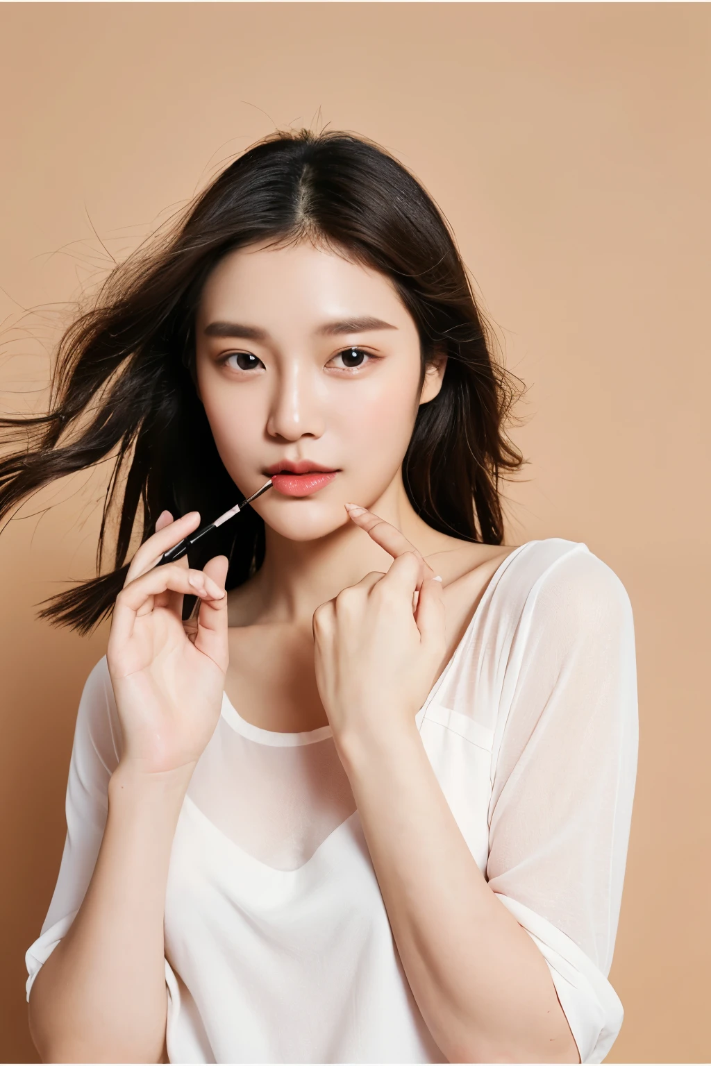 Advertising of a cosmetic brand, background white, everything should be gentle, neat, model beautiful korean, model, in cute light clothes, holding ROM lip gloss in his hands&ND pink, the whole picture is made in pastel-dusty shades, preferably with elements of green plants in the background.